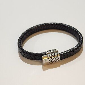 Stainless Steel and Black Leather Bracelet - 8.5 inches
